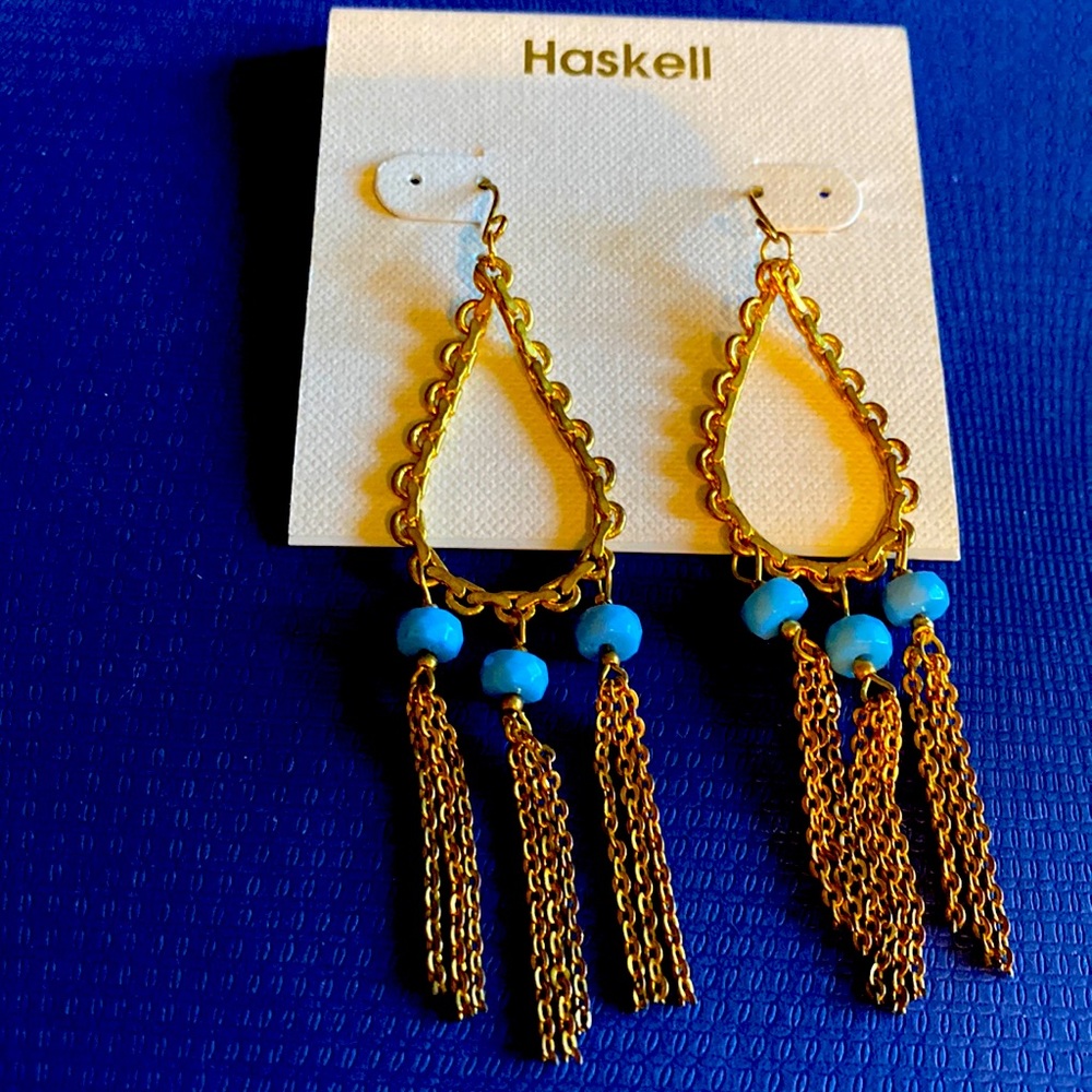 Vintage Gold Plated Turquoise Color Long Dangling Earrings NWOT